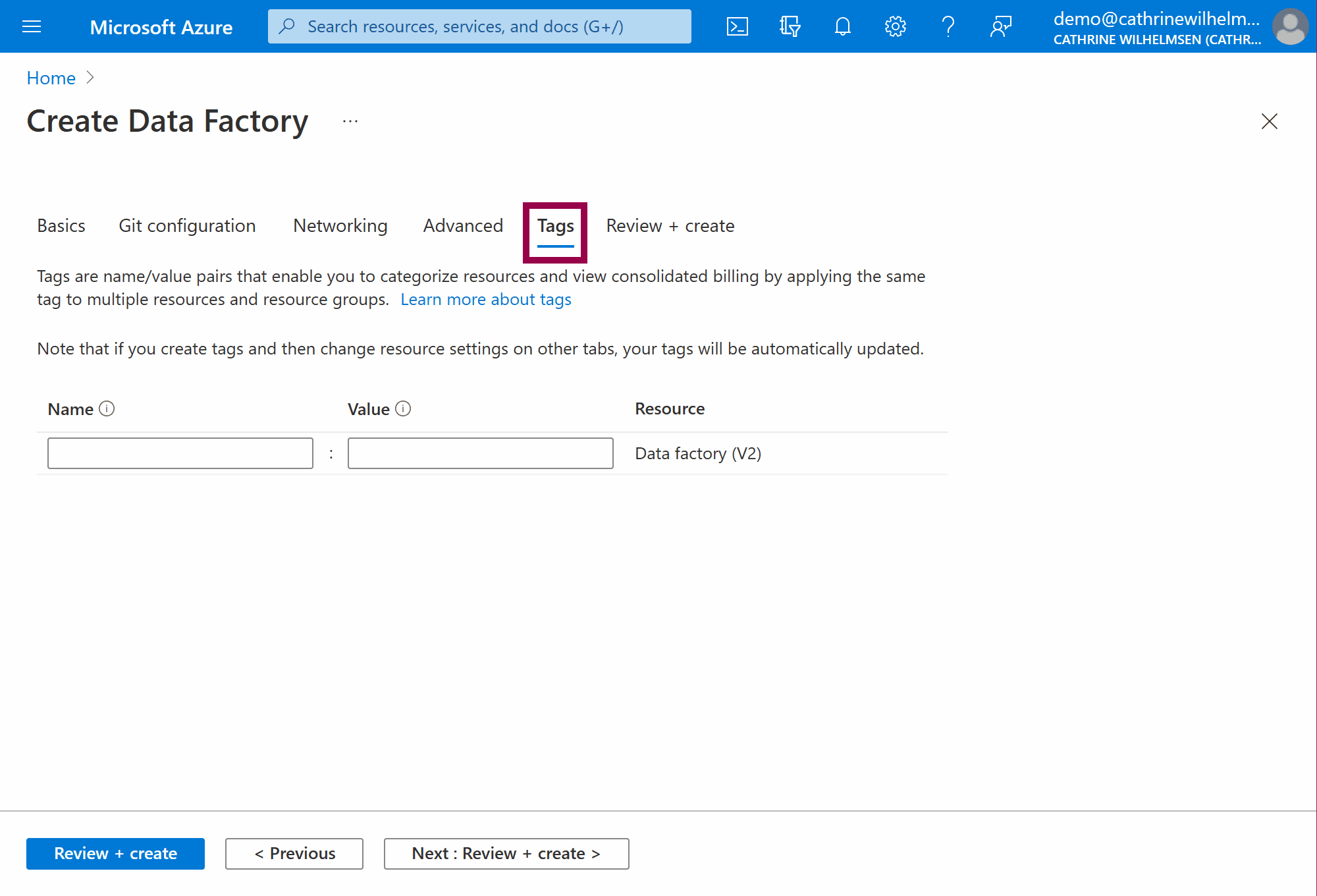 Screenshot of the Create Data Factory: Tags page in the Azure Portal