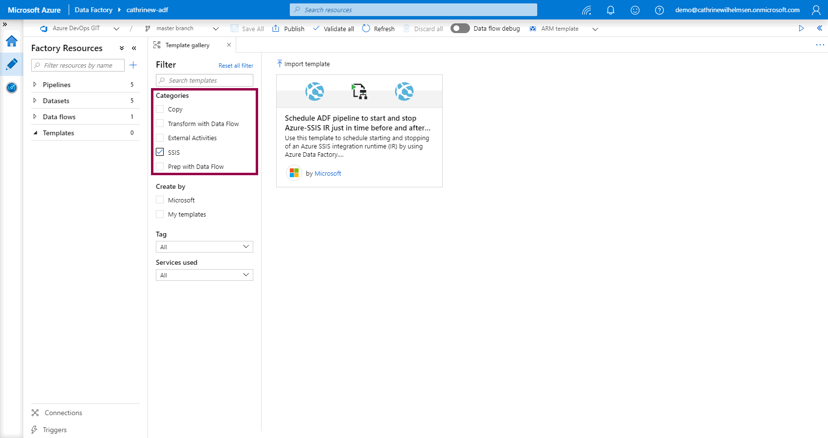 Screenshot of the template gallery, highlighting how to filter templates by categories
